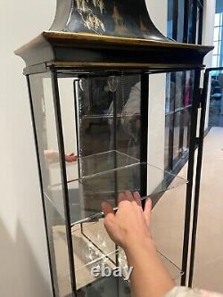 Vintage Chinoiserie Mirrored Pagoda Cabinet with Hand-painted Scene. Curio Cabinet