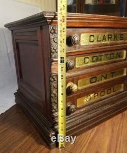 Vintage Clark's Spool Cabinet Walnut Hand Carved Victorian W Reverse Painted Dog