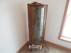 Vintage Corner Curio Cabinet Wooden & Glass Lighted Mirrored Glass Shelves Lock