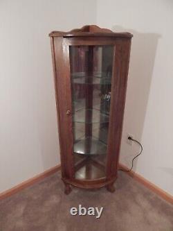 Vintage Corner Curio Cabinet Wooden & Glass Lighted Mirrored Glass Shelves Lock