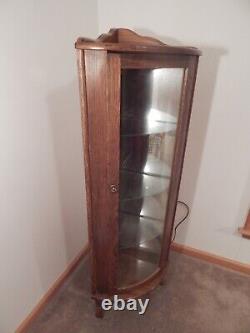 Vintage Corner Curio Cabinet Wooden & Glass Lighted Mirrored Glass Shelves Lock