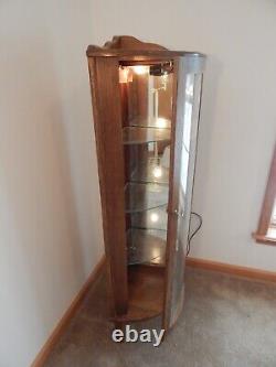 Vintage Corner Curio Cabinet Wooden & Glass Lighted Mirrored Glass Shelves Lock