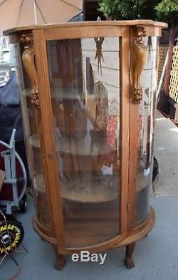 Vintage Curved Glass Carved oak wood display china Curio cabinet with claw feet