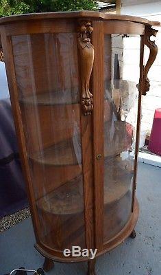 Vintage Curved Glass Carved oak wood display china Curio cabinet with claw feet