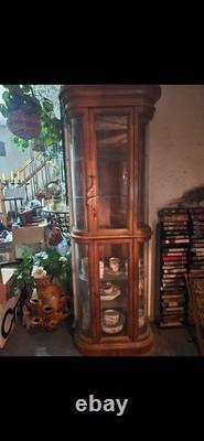Vintage Curved-Glass Corner Curio Cabinet Solid Wood Display Cas