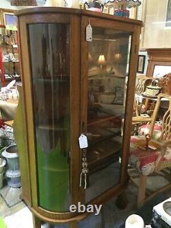 Vintage Curved Glass Oak China Or Display Cabinet Case Excellent