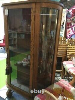 Vintage Curved Glass Oak China Or Display Cabinet Case Excellent