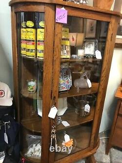 Vintage Curved Glass Oak China Or Display Cabinet Case Excellent