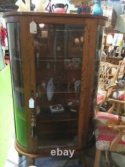 Vintage Curved Glass Oak China Or Display Cabinet Case Excellent