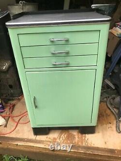 Vintage Dentist Metal Cabinet Three Drawer Two Closed Shelves Green/Blue 1950's