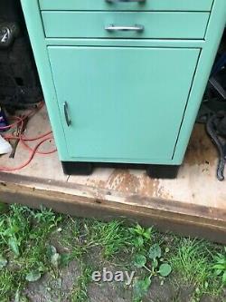 Vintage Dentist Metal Cabinet Three Drawer Two Closed Shelves Green/Blue 1950's