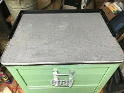 Vintage Dentist Metal Cabinet Three Drawer Two Closed Shelves Green/Blue 1950's