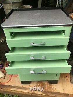 Vintage Dentist Metal Cabinet Three Drawer Two Closed Shelves Green/Blue 1950's