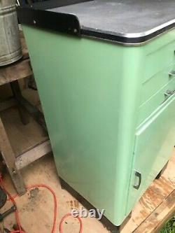 Vintage Dentist Metal Cabinet Three Drawer Two Closed Shelves Green/Blue 1950's