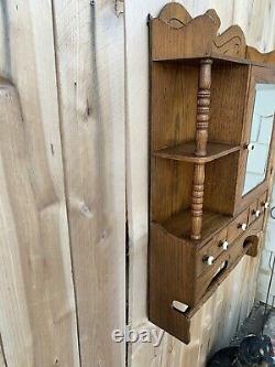 Vintage Distressed Rustic Oak Medicine Cabinet Beveled Mirror