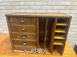Vintage Early 1900s Tiger Oak Tabletop Desk Organizer 5-Drawer File Cabinet