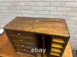 Vintage Early 1900s Tiger Oak Tabletop Desk Organizer 5-Drawer File Cabinet