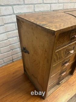 Vintage Early 1900s Tiger Oak Tabletop Desk Organizer 5-Drawer File Cabinet