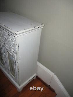 Vintage French Country Ornate Carved Shabby Chic Accent Cabinet w Painted Doors