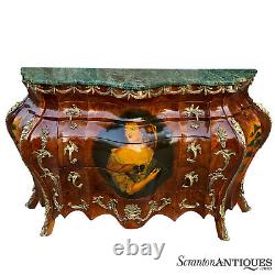 Vintage French Louis XV Style Burl Walnut Marble Top Bombe Commode