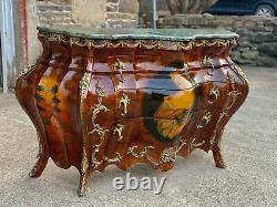 Vintage French Louis XV Style Burl Walnut Marble Top Bombe Commode