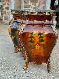 Vintage French Louis XV Style Burl Walnut Marble Top Bombe Commode