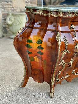 Vintage French Louis XV Style Burl Walnut Marble Top Bombe Commode