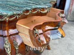 Vintage French Louis XV Style Burl Walnut Marble Top Bombe Commode