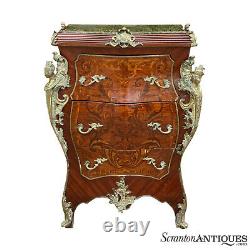 Vintage French Rococo Louis XV Marble Top Inlaid Walnut Commode Chest