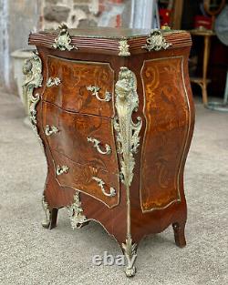 Vintage French Rococo Louis XV Marble Top Inlaid Walnut Commode Chest