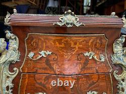 Vintage French Rococo Louis XV Marble Top Inlaid Walnut Commode Chest