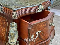 Vintage French Rococo Louis XV Marble Top Inlaid Walnut Commode Chest