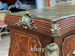 Vintage French Rococo Louis XV Marble Top Inlaid Walnut Commode Chest