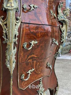 Vintage French Rococo Louis XV Marble Top Inlaid Walnut Commode Chest