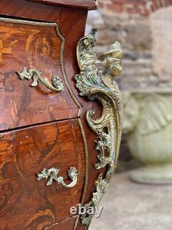 Vintage French Rococo Louis XV Marble Top Inlaid Walnut Commode Chest