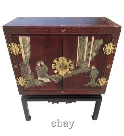 Vintage Hand Painted Red Lacquer Asian Oriental Cabinet Table Made in Spain