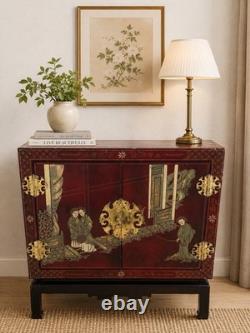 Vintage Hand Painted Red Lacquer Asian Oriental Cabinet Table Made in Spain