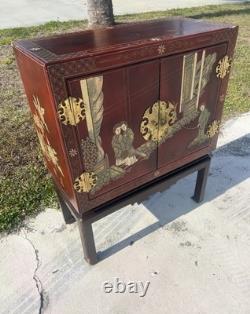 Vintage Hand Painted Red Lacquer Asian Oriental Cabinet Table Made in Spain