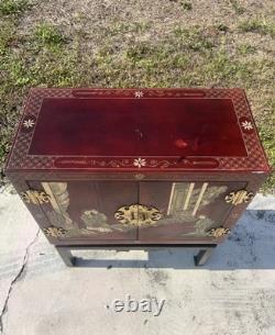 Vintage Hand Painted Red Lacquer Asian Oriental Cabinet Table Made in Spain