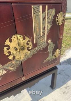 Vintage Hand Painted Red Lacquer Asian Oriental Cabinet Table Made in Spain