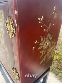 Vintage Hand Painted Red Lacquer Asian Oriental Cabinet Table Made in Spain