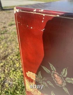 Vintage Hand Painted Red Lacquer Asian Oriental Cabinet Table Made in Spain