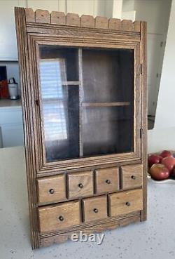 Vintage Hanging Country Spice Cabinet Oak With 7 Drawers and 4 Cubbies 23 H