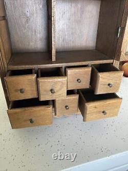 Vintage Hanging Country Spice Cabinet Oak With 7 Drawers and 4 Cubbies 23 H