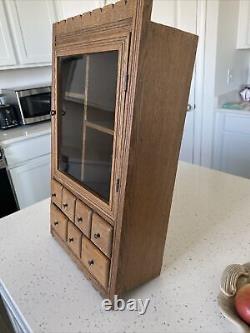 Vintage Hanging Country Spice Cabinet Oak With 7 Drawers and 4 Cubbies 23 H