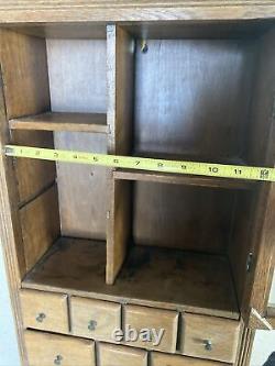 Vintage Hanging Country Spice Cabinet Oak With 7 Drawers and 4 Cubbies 23 H