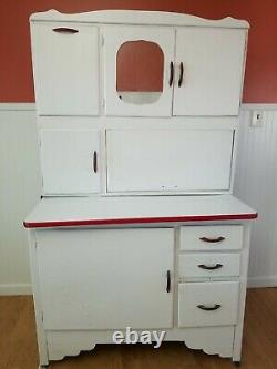 Vintage Hoosier Sellers Type White Wooden Kitchen Cabinet Flour Bin Enamel Top