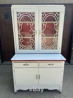 Vintage Hoosier Style White And Red Cabinet With Porcelain Top