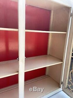 Vintage Hoosier Style White And Red Cabinet With Porcelain Top