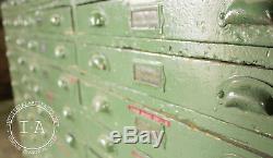 Vintage Industrial 30 Drawer Green Wooden Parts Cabinet Counter Flat File
